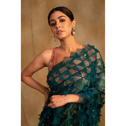 PRIYANKA RAAJIV Pihu Green Upcycled Patchwork Saree with Unstitched Blouse