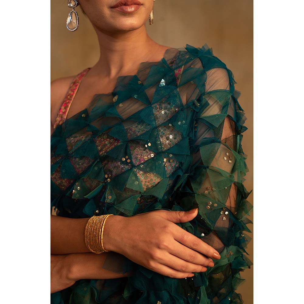 PRIYANKA RAAJIV Pihu Green Upcycled Patchwork Saree with Unstitched Blouse