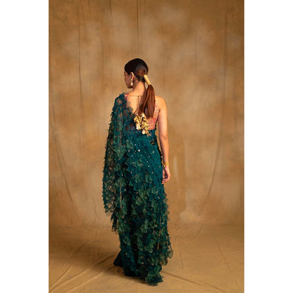 PRIYANKA RAAJIV Pihu Green Upcycled Patchwork Saree with Unstitched Blouse