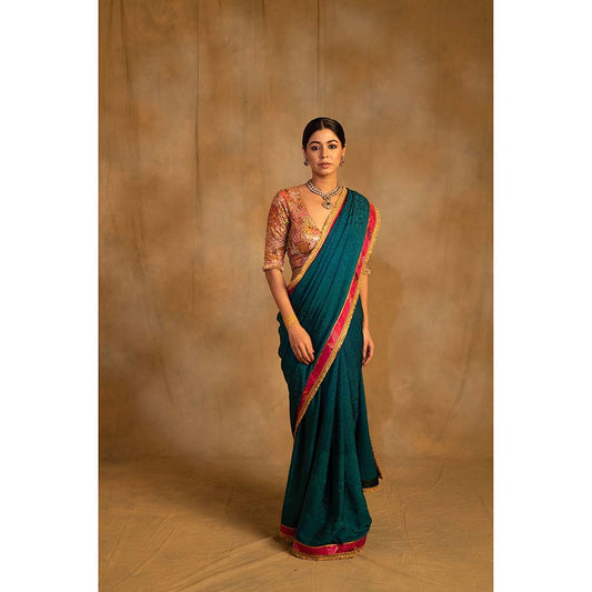 PRIYANKA RAAJIV Holi Teal Self Design Silk Crepe Saree with Unstitched Blouse