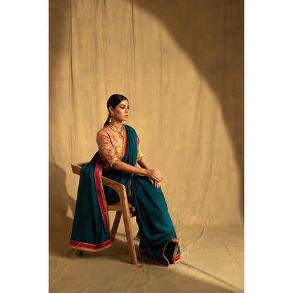 PRIYANKA RAAJIV Holi Teal Self Design Silk Crepe Saree with Unstitched Blouse