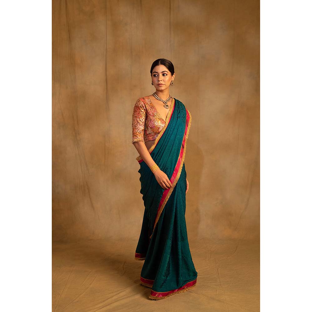 PRIYANKA RAAJIV Holi Teal Self Design Silk Crepe Saree with Unstitched Blouse