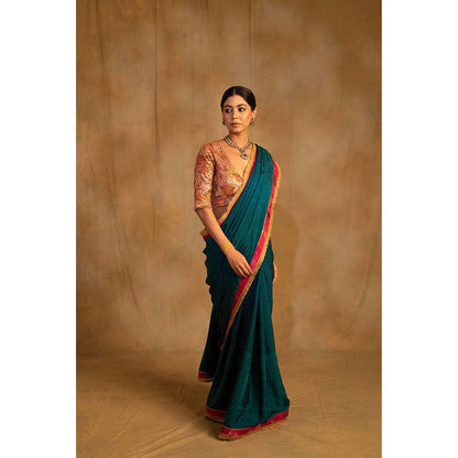 PRIYANKA RAAJIV Holi Teal Self Design Silk Crepe Saree with Unstitched Blouse