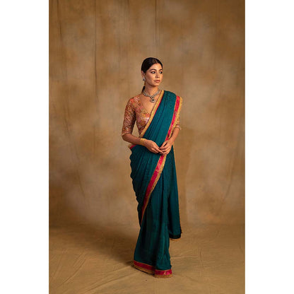 PRIYANKA RAAJIV Holi Teal Self Design Silk Crepe Saree with Unstitched Blouse