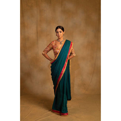 PRIYANKA RAAJIV Holi Teal Self Design Silk Crepe Saree with Unstitched Blouse
