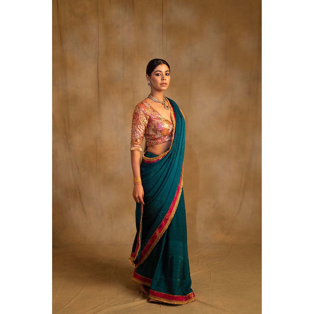 PRIYANKA RAAJIV Holi Teal Self Design Silk Crepe Saree with Unstitched Blouse