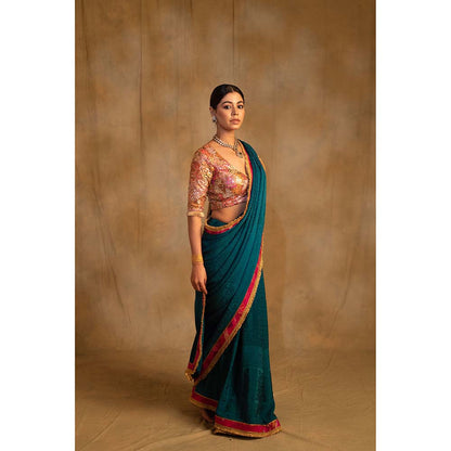 PRIYANKA RAAJIV Holi Teal Self Design Silk Crepe Saree with Unstitched Blouse
