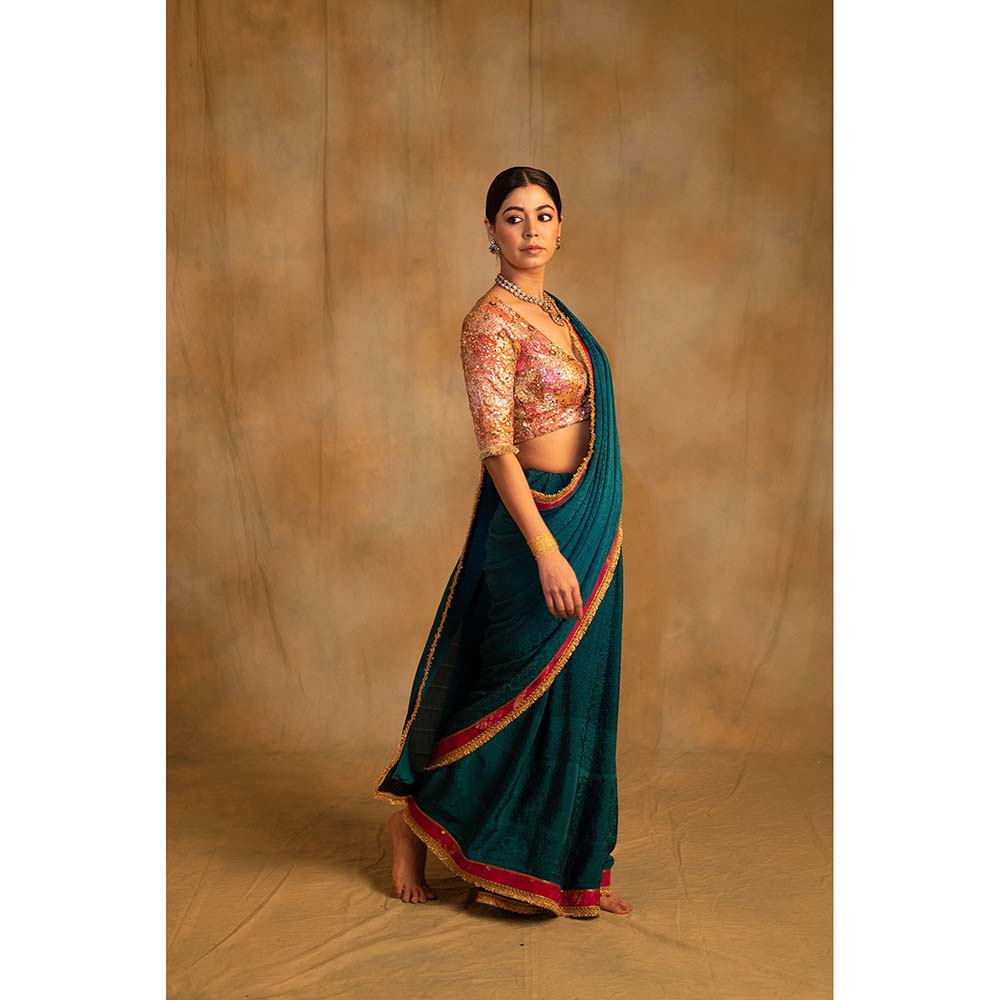 PRIYANKA RAAJIV Holi Teal Self Design Silk Crepe Saree with Unstitched Blouse