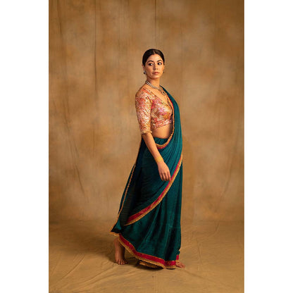 PRIYANKA RAAJIV Holi Teal Self Design Silk Crepe Saree with Unstitched Blouse