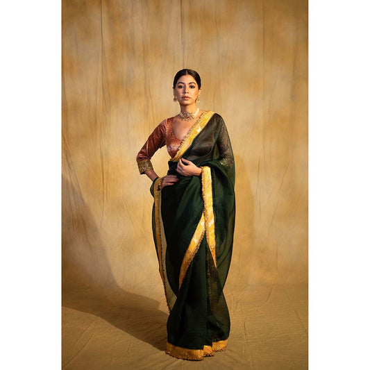 PRIYANKA RAAJIV Dooj Bottle Green Silk Organza Saree with Unstitched Blouse