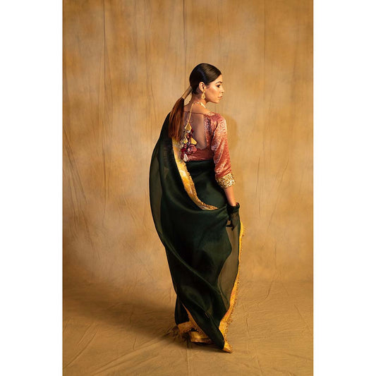 PRIYANKA RAAJIV Dooj Bottle Green Silk Organza Saree with Unstitched Blouse