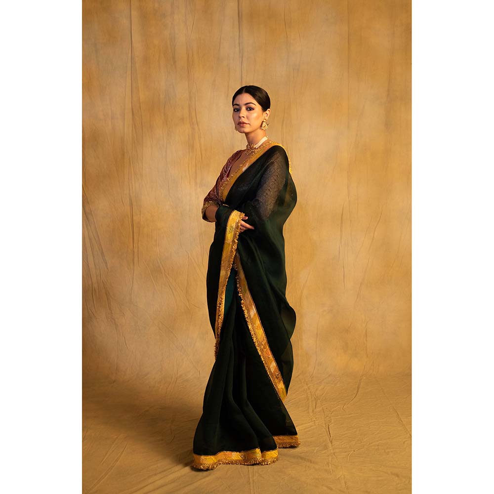 PRIYANKA RAAJIV Dooj Bottle Green Silk Organza Saree with Unstitched Blouse