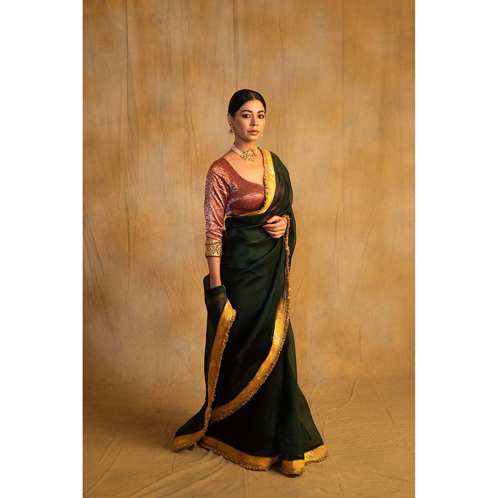 PRIYANKA RAAJIV Dooj Bottle Green Silk Organza Saree with Unstitched Blouse
