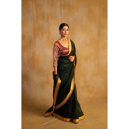 PRIYANKA RAAJIV Dooj Bottle Green Silk Organza Saree with Unstitched Blouse