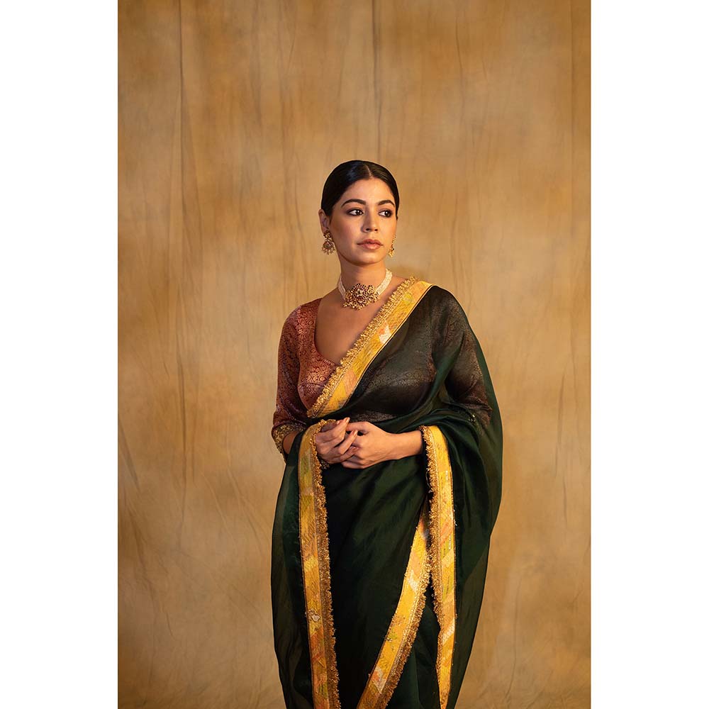 PRIYANKA RAAJIV Dooj Bottle Green Silk Organza Saree with Unstitched Blouse
