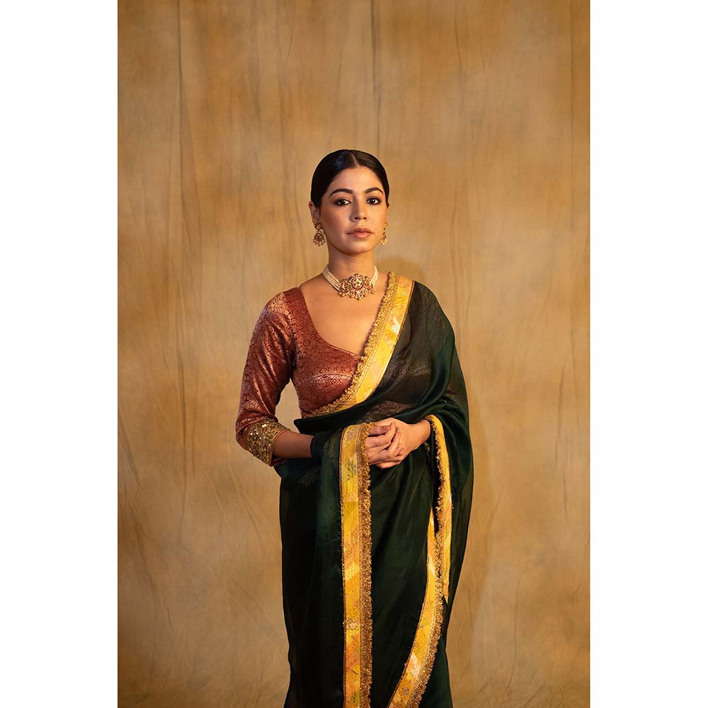 PRIYANKA RAAJIV Dooj Bottle Green Silk Organza Saree with Unstitched Blouse