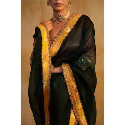 PRIYANKA RAAJIV Dooj Bottle Green Silk Organza Saree with Unstitched Blouse