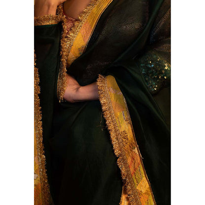 PRIYANKA RAAJIV Dooj Bottle Green Silk Organza Saree with Unstitched Blouse