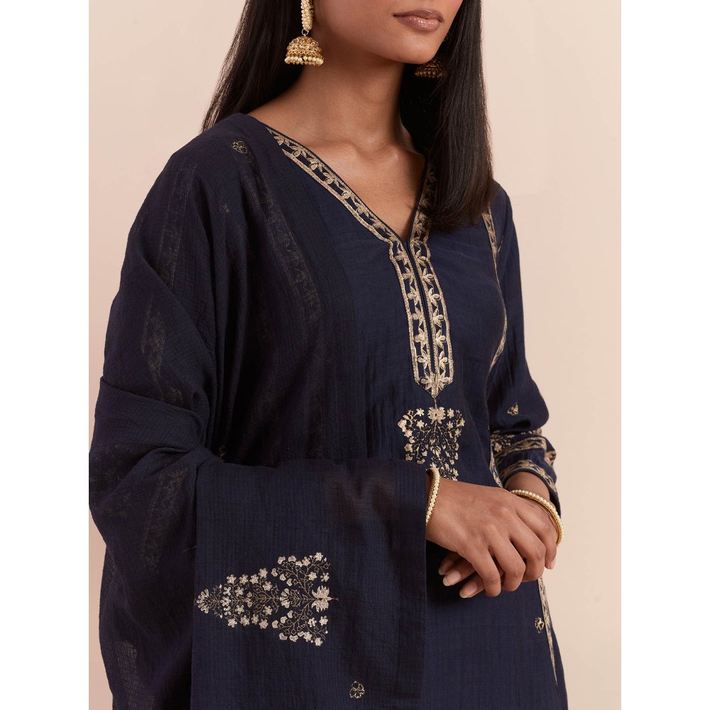 Priya Chaudhary Blue Soft Chanderi Kurta with Pants and Dupatta (Set of 3)