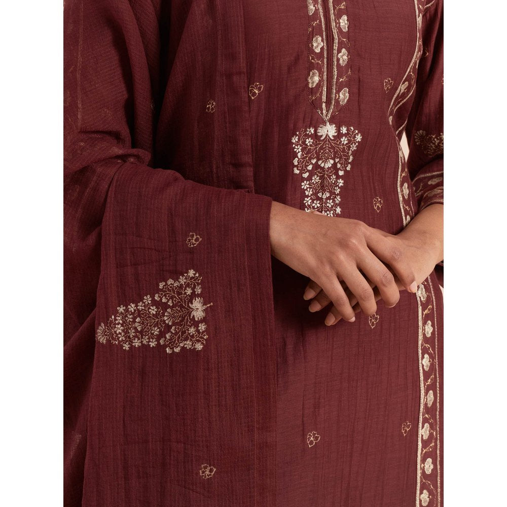 Priya Chaudhary Red Soft Chanderi Kurta with Pants and Dupatta (Set of 3)