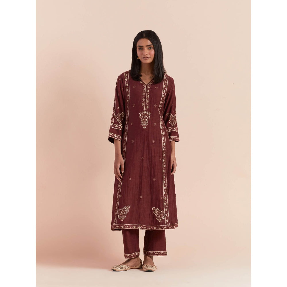 Priya Chaudhary Red Soft Chanderi Kurta with Pants (Set of 2)