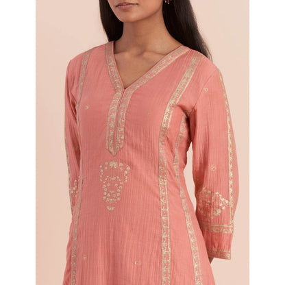 Priya Chaudhary Peach Soft Chanderi Kurta with Pants and Dupatta (Set of 3)