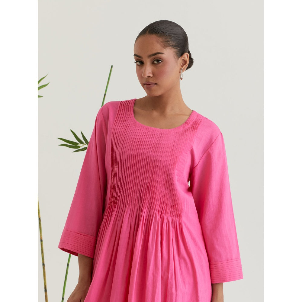 Priya Chaudhary Pink Flared Pleated Kurta with Pant (Set of 2)