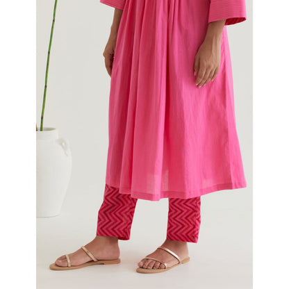 Priya Chaudhary Pink Flared Pleated Kurta with Pant (Set of 2)
