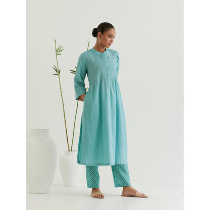Priya Chaudhary Sea Green Pleated Kurta and Printed Pant (Set of 2)