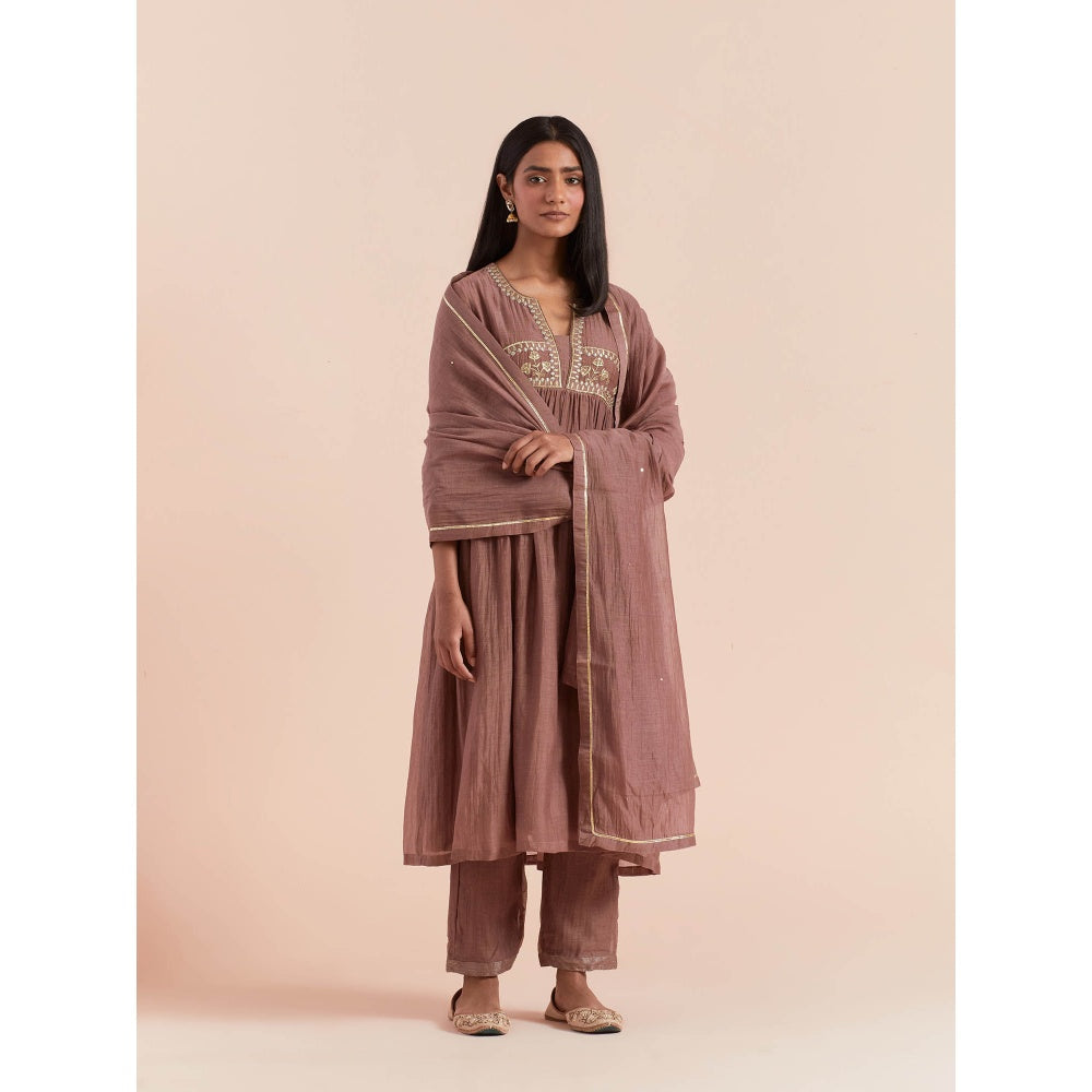 Priya Chaudhary Brown Anarkali Kurta with Pant and Dupatta (Set of 3)
