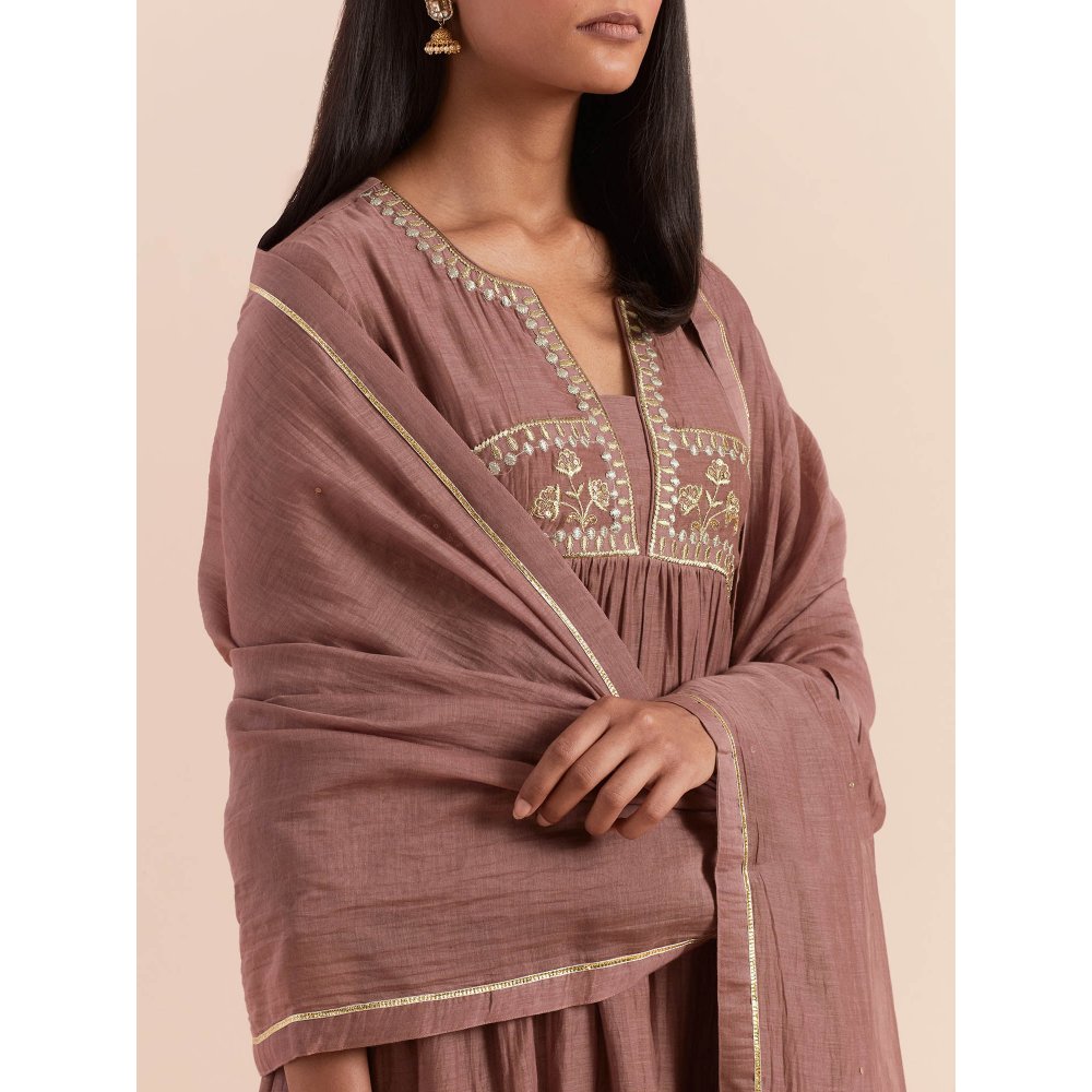 Priya Chaudhary Brown Anarkali Kurta with Pant and Dupatta (Set of 3)