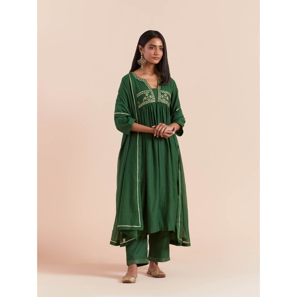 Priya Chaudhary Green Anarkali Kurta with Pant and Dupatta (Set of 3)