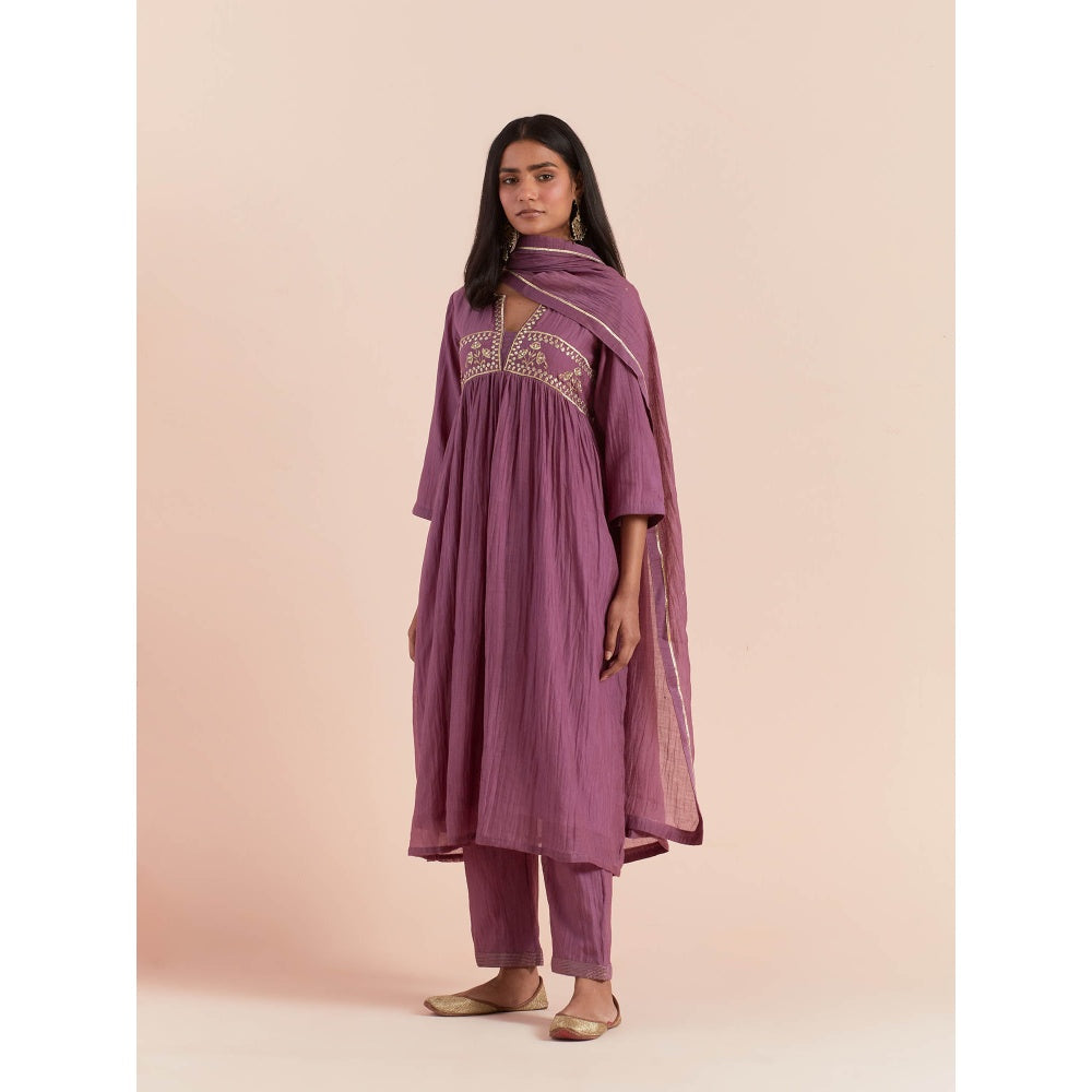 Priya Chaudhary Purple Anarkali Kurta with Pant and Dupatta (Set of 3)