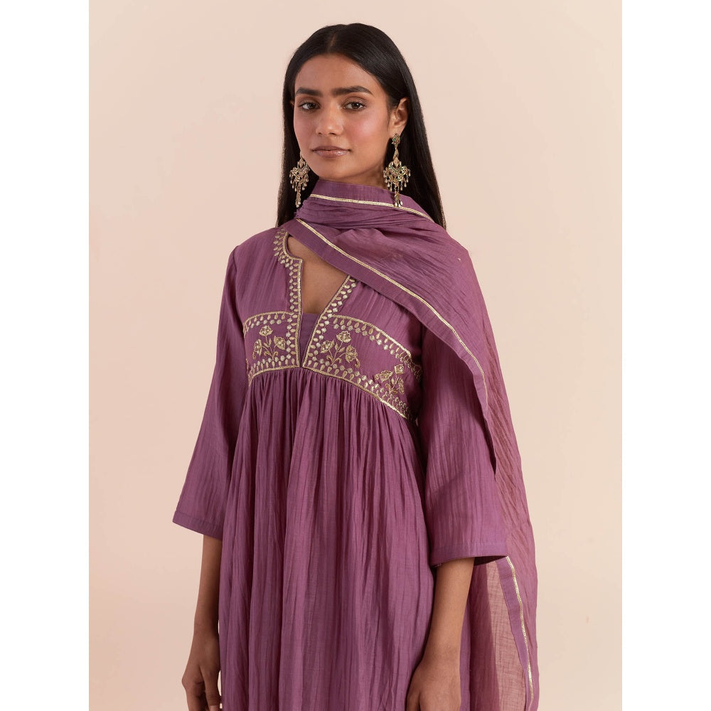 Priya Chaudhary Purple Anarkali Kurta with Pant and Dupatta (Set of 3)