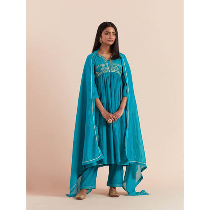 Priya Chaudhary Turquoise Anarkali Kurta with Pant and Dupatta (Set of 3)
