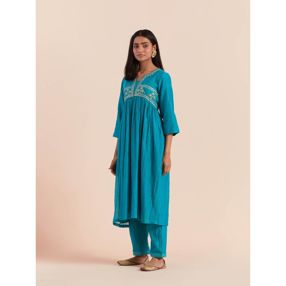 Priya Chaudhary Turquoise Anarkali Kurta with Pant and Dupatta (Set of 3)