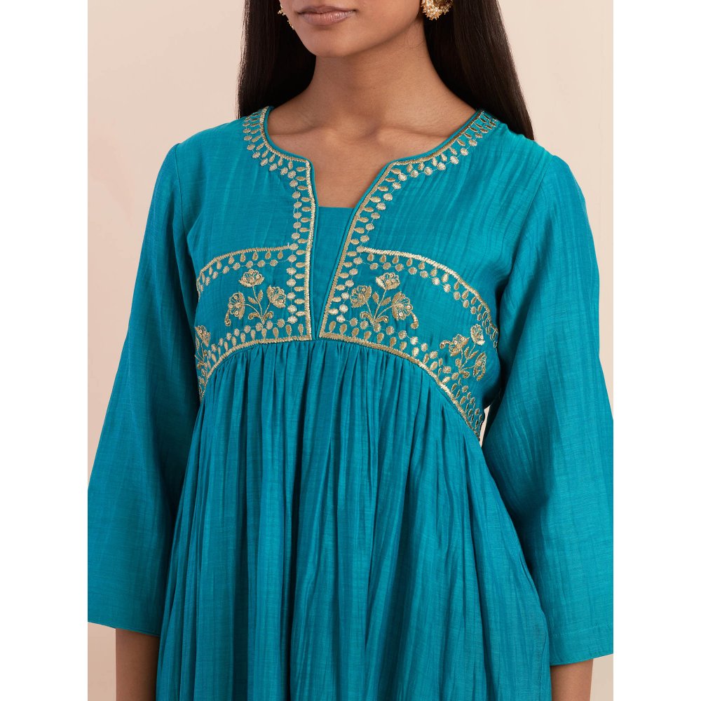 Priya Chaudhary Turquoise Anarkali Kurta with Pant and Dupatta (Set of 3)