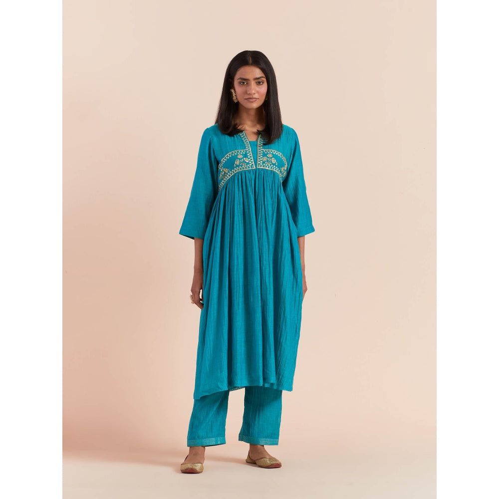 Priya Chaudhary Turquoise Anarkali Kurta with Pant (Set of 2)