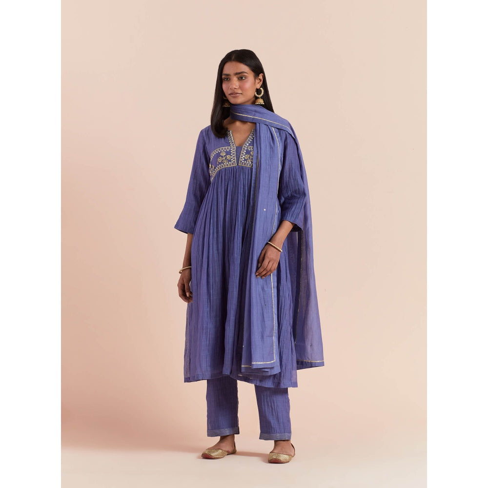 Priya Chaudhary Blue Anarkali Kurta with Pant and Dupatta (Set of 3)