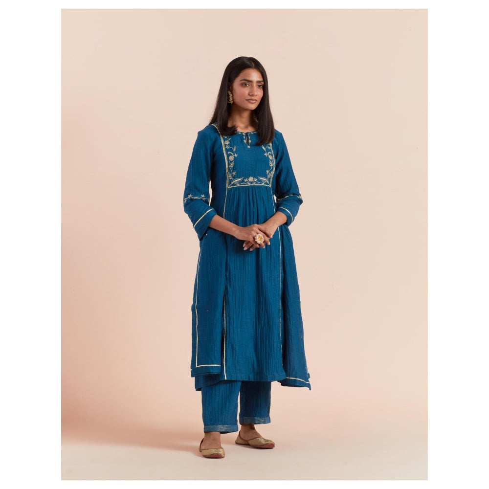 Priya Chaudhary Dark Teal Blue Embroidered Kurta with Pant and Dupatta (Set of 3)