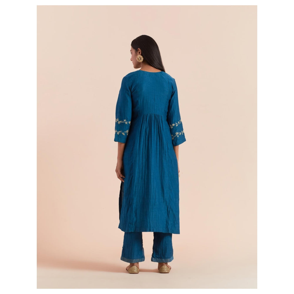 Priya Chaudhary Dark Teal Blue Embroidered Kurta with Pant and Dupatta (Set of 3)