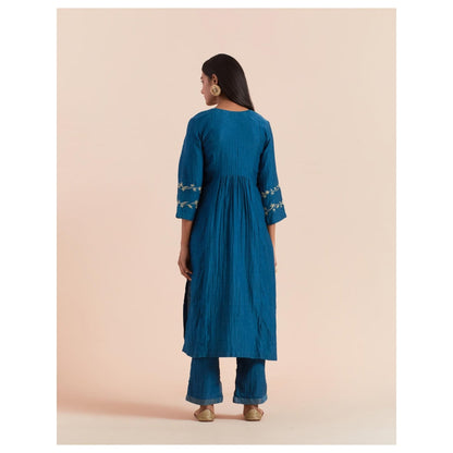 Priya Chaudhary Dark Teal Blue Embroidered Kurta with Pant and Dupatta (Set of 3)