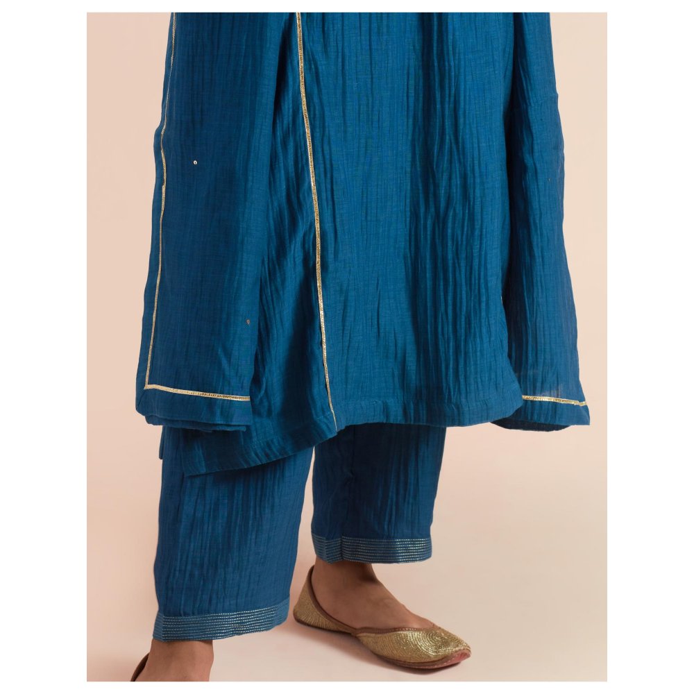 Priya Chaudhary Dark Teal Blue Embroidered Kurta with Pant and Dupatta (Set of 3)