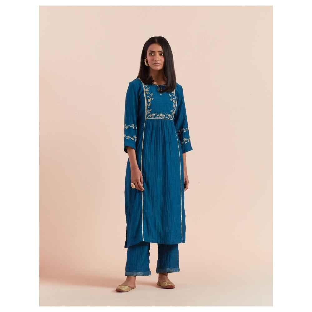 Priya Chaudhary Dark Teal Blue Embroidered Kurta with Pant (Set of 2)