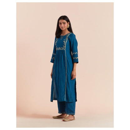 Priya Chaudhary Dark Teal Blue Embroidered Kurta with Pant (Set of 2)