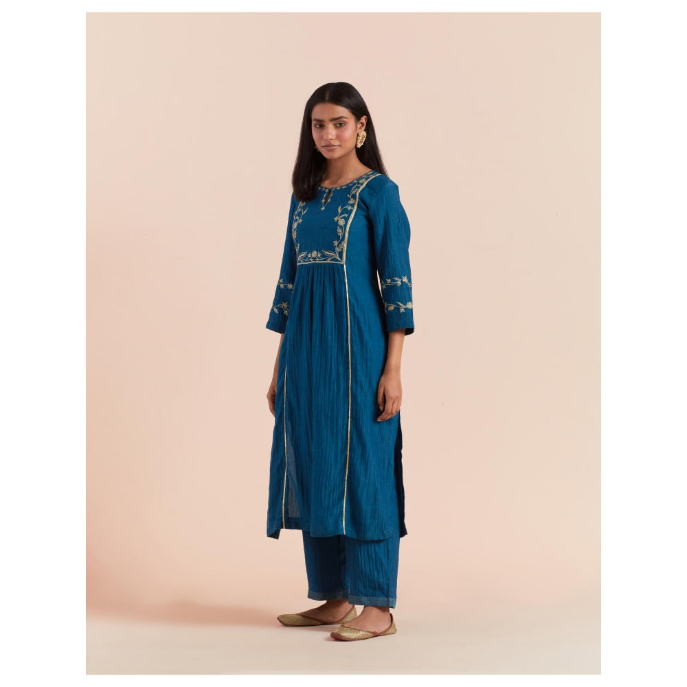 Priya Chaudhary Dark Teal Blue Embroidered Kurta