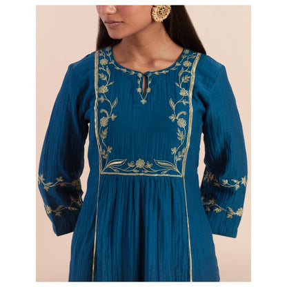 Priya Chaudhary Dark Teal Blue Embroidered Kurta