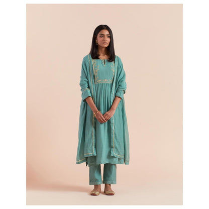 Priya Chaudhary Teal Blue Embroidered Kurta with Pant and Dupatta (Set of 3)