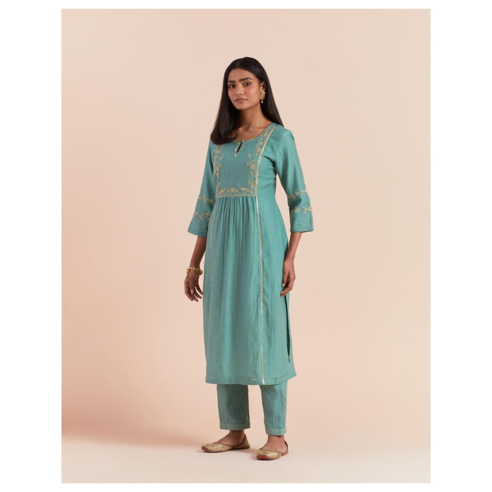 Priya Chaudhary Teal Blue Embroidered Kurta with Pant and Dupatta (Set of 3)