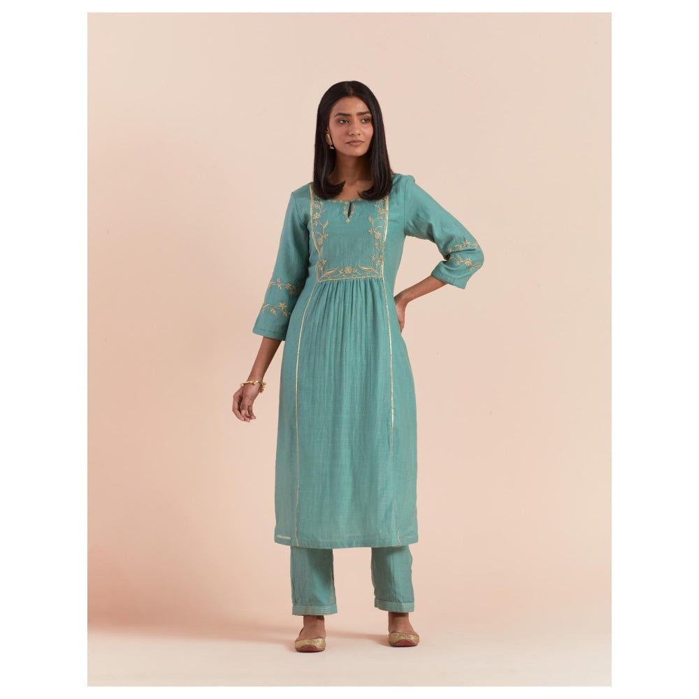Priya Chaudhary Teal Blue Embroidered Kurta with Pant and Dupatta (Set of 3)